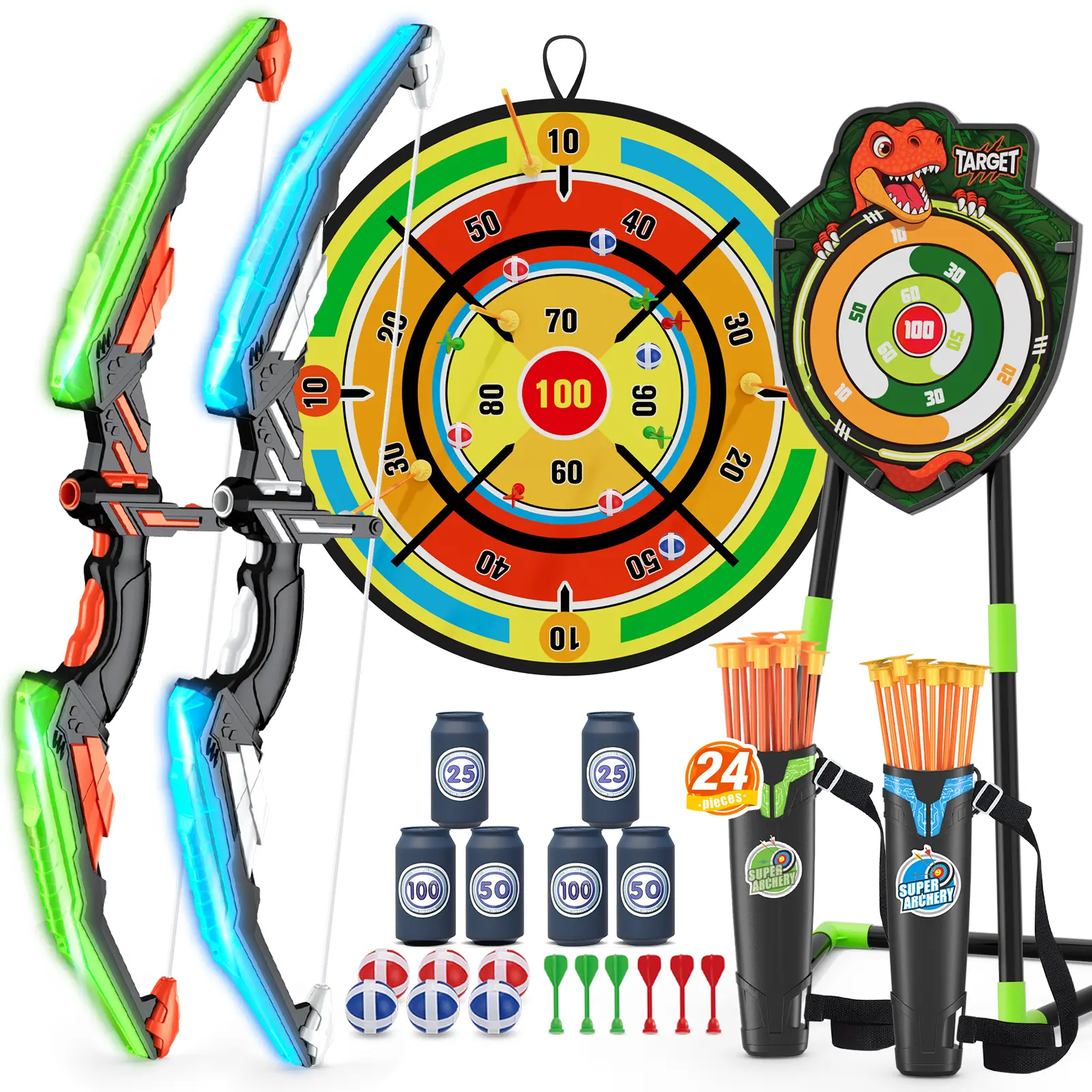 2 Pack Kids Bow and Arrow with 29" Large Dart Board, LED Light Up Archery Set with 24 Suction Cup Arrows, Indoor Outdoor Sport Toys Gifts for 3 4 5 6 7 8 9 10 11 12 Year Old Boys Girls #springtok Score Targets Motor Skills Detachable Target