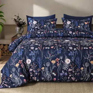 Blue Floral Comforter Set  Size, 7 count Colorful Comforter Bedding Set, Navy Farmhouse Bed in a Bag, Soft Microfiber Complete Bedding Set with Sheets for All Season