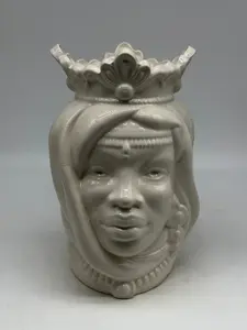 END OF SERIES - Afro Moor's Head Woman Ceramic Caltagirone cm H.25 L.17 Handcrafted White
