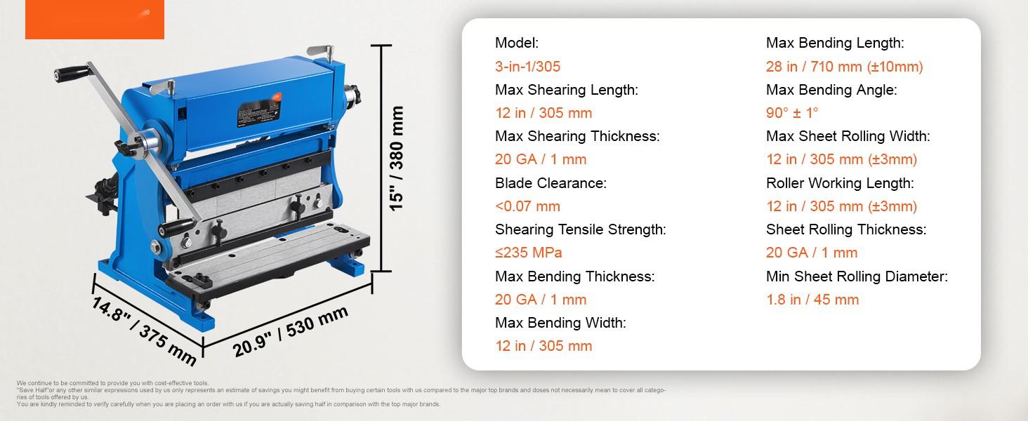 Sheet Metal Brake, 12-Inch, 3-In-1 Combination Shear Brake Roll Machine, 20-Gauge Capacity, 90-Degree Max Bend, Includes Shears And Slip Roll, Press Brake For Sheet Metal Bending, Shearing, Rolling, And Forming