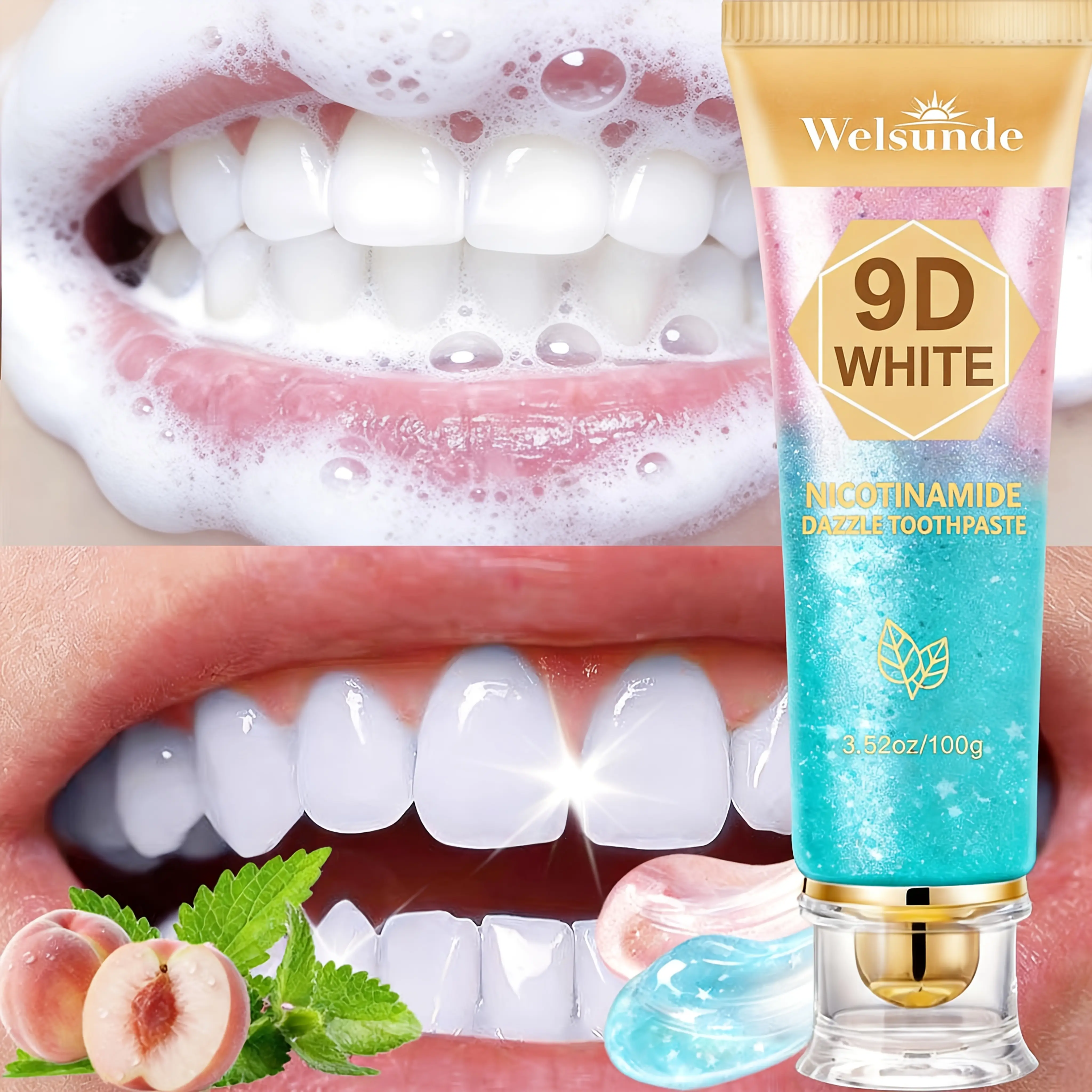 Welsunde Nicotinamide Toothpaste, Glitter Quicksand Texture, Mint Flavor, Fresh Breath & Surface Stain Removal, Daily Family Oral Care