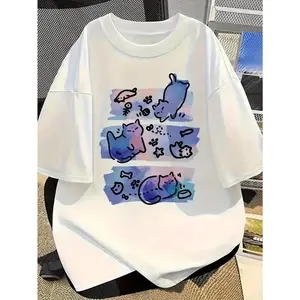 Womens Casual T-Shirt  Comfortable  Relaxed Fit, Round Neck, Lightweight & Breathable, Pastel Cat Illustration, Spring/Summer Essentials, All-Season Top, Relaxed Fit Top|Playful Cat Design|Lightweight Fabric, Ladies T Shirts