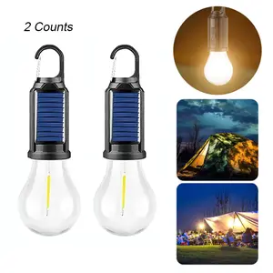 2-Pack LED Solar Camping Lights USB Rechargeable Bulb Lamp with Hook Vintage Light for Hiking Tent Lantern Outdoor Lighting