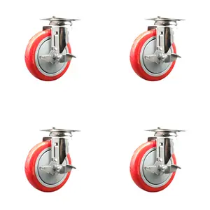 Polyurethane Swivel Top Plate Caster Set of 4 with 5 Inch Red Caster Wheels -316 Stainless Steel Casters-Includes 4 Swivel Casters with Top Lock Brakes-1,400 lbs. Total Capacity- Service Caster Brand