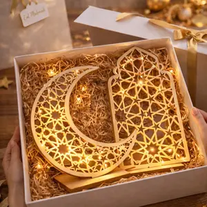Ramadan Decor Moon Lantern Set, Islamic Eid Mubarak Table Centerpiece, Wooden Crescent Star Lanterns, Perfect for Iftar & Hajj Parties