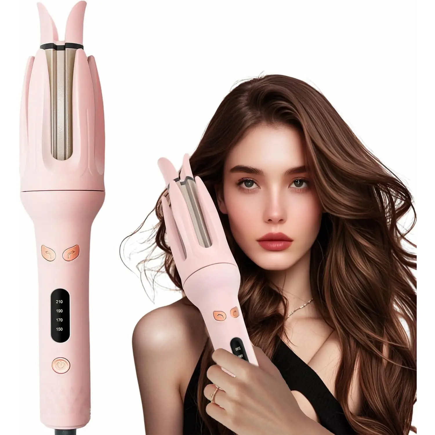 Automatic Rotating Curling Iron - Waves Curling Wand, Diameter 28mm, Portable Hair Curler, Lightweight for Travel, Ceramic Coating, Pink