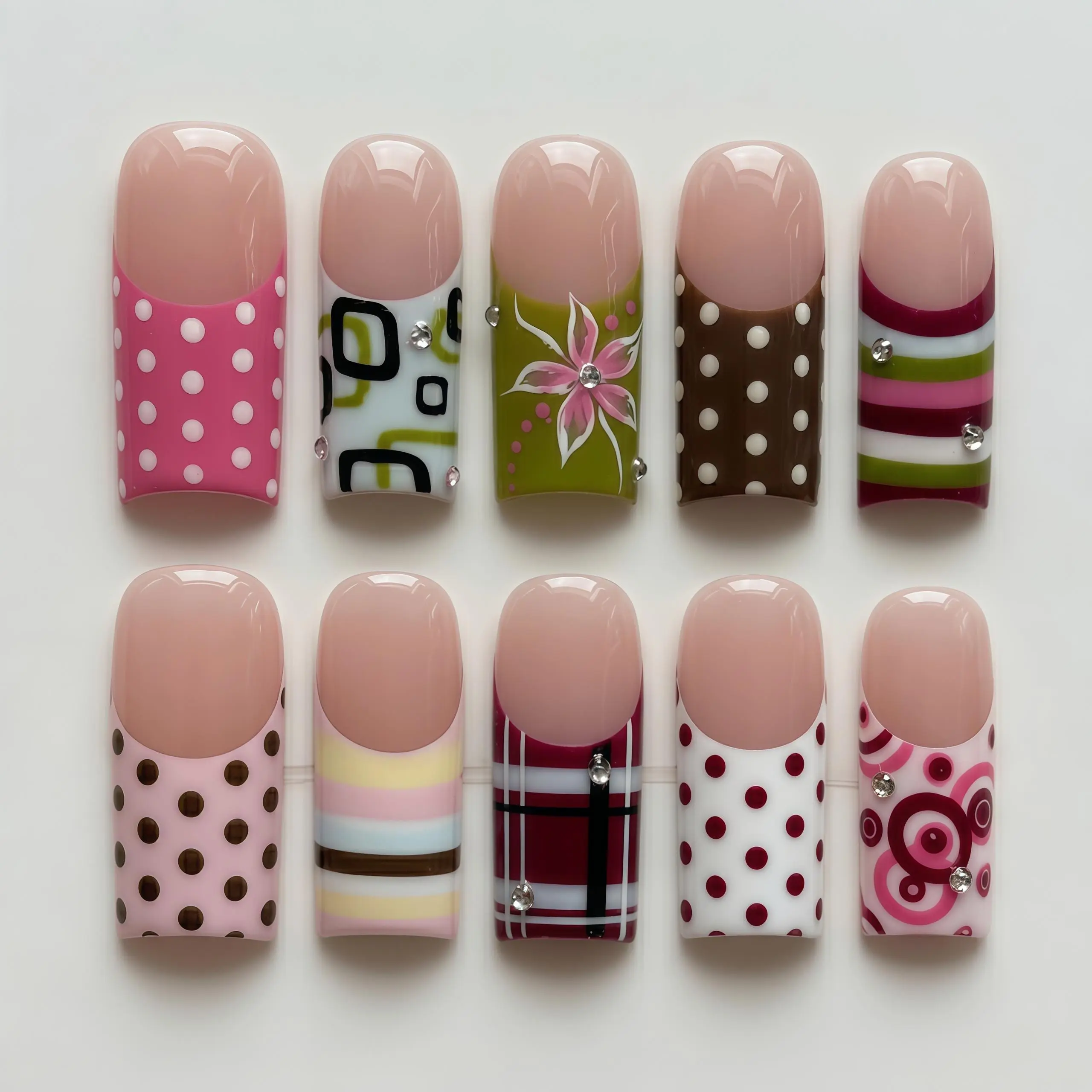 Handmade Y2K Press On Nails, Pink Polka Dot Floral Square, Funky Vintage Nail Art