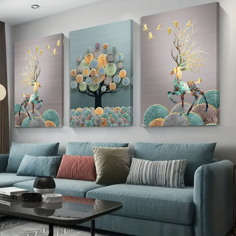 3-Piece Framed Art Deco Canvas Wall Art, Modern Classic Animal Print Deer with Fall & Spring Themes, Portrait Orientation Wrapped Canvas Decoration for Home, Office - Indoor/Outdoor Hanging Decor