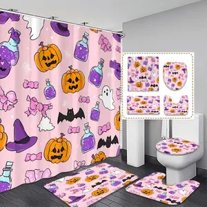 Halloween Pumpkin Ghost Bat Print Shower Curtain Set, Includes Hooks Non-Slip Mat U-Shaped Floor Mat Toilet Lid Cover Bathroom Decor Gift, Bathroom Decoration Accessories