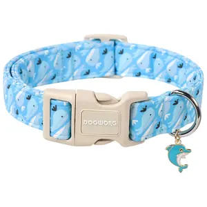DOGWONG Adjustable Summer Style Dog Collar – Blue Whale & Shark Design for Small to Large Dogs