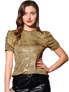 INSPIRE CHIC Metallic Glitter Party Round Neck Puff Sleeve Stretch Shiny Sparkly Tops