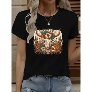T-Shirt with Brown and Turquoise Cow Skull Print, Western Cactus and Flower Design
