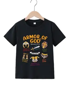 Kids "Armor of God" Ephesians 6:10-18 Graphic T-Shirt, Soft Cotton Short Sleeve Tee, Christian Faith Themed Casual Top for Boys/Girls
