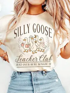 Women's Casual Loose-Fit Graphic Cartoon Goose Print Round Neck T-Shirt, Fashionable Thin Knit Fabric Top for All Seasons, Everyday Wear & Outdoor Activities