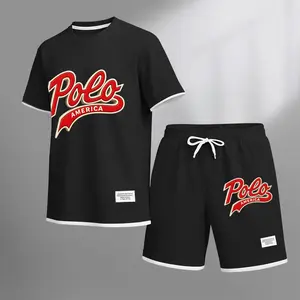 Men's American-style printed drawstring shorts set is ideal for spring and summer. This casual summer outfit includes a short-sleeved shirt and shorts, suitable for everyday wear and athletic activities. Pants Fabric
