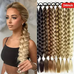 Braided Long Ponytail Extensions With Elastic Band Hair Synthetic Fiber 24Inch Blonde Braids Pony Tail Hair Accessories For Party Daily Use Halloween Christmas