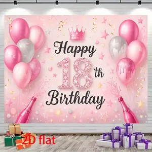 2D Flat, 1pc Happy 18th Birthday Banner with Pink Balloons & Crown - Large//Light Beige Colors for 18 Year / Party Decorations, Milestone Birthday Party Supplies, Durable Backdrop for home, Photo Booth, Cake Table Decor, 2D Flat