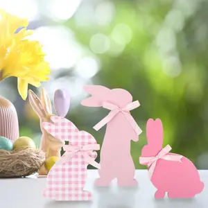3 Pieces Easter Bunny Wooden Table Decorations with Bows - Pink and White Plaid Bunny Centerpiece, Suitable for Home, Party, and Tiered Tray Decorations, Bunny Accessories