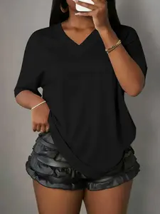 Summer Plus Size Women V-Neck Loose Tee, Solid Color Street Style Casual Basic Top