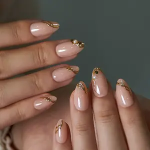 Curvlife short almond striped Fake Nails diamond golden glossy shiny 2 Week Wear Damage Free