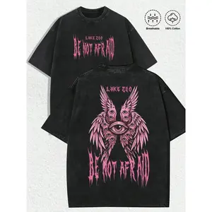 1 PCS "Retro Religious-Gothic 'BE NOT AFRAID' Pink Multi-Eye Winged Angel Illustration & Luke 2:10 Verse" Print Black T-Shirt, Vintage Distressed Aesthetics, Spring/Summer Men Women Clothes, Regular Fit T-Shirt, Christmas & Religious-Gothic Gatherings
