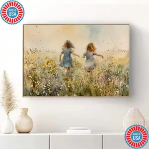 Sisters in Field Painting Girls Wildflower Art Meadow Watercolor Painting Print
