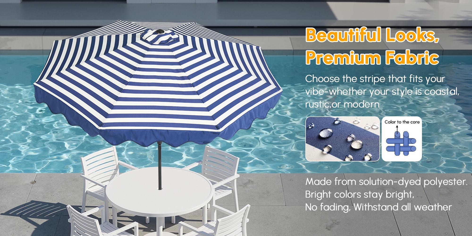 10Ft Classic MidCentury Scalloped Fringe Market Patio Umbrella with One Button Tilt, Handle Crank Solar powered Outdoor Parasols, Wind Vent and UV Protection for Garden Lofi Porch Pool, Premium