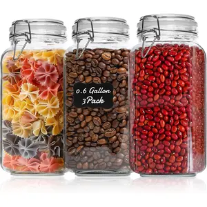 Airtight Glass Jars with Lids 0.6 Gallon Set of 3, Food Storage Canister Square-Storage Container with Clear Preserving Seal Wire Clip Fastening for Kitchen Canning Flour, Cereal, Pasta, Bean