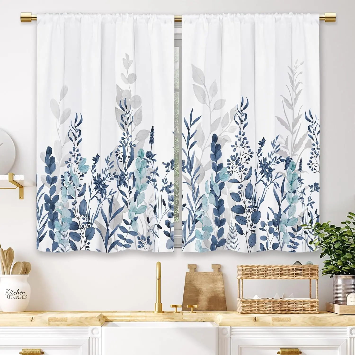Navy Blue Vintage Boho Watercolour Floral Plants Tiered Curtains - 2-Panel Rod Pocket 0-1m Kitchen Household Products, Teal & White Light Filtering Window Covering, 27.5x39in Small Short Cafe Drapes