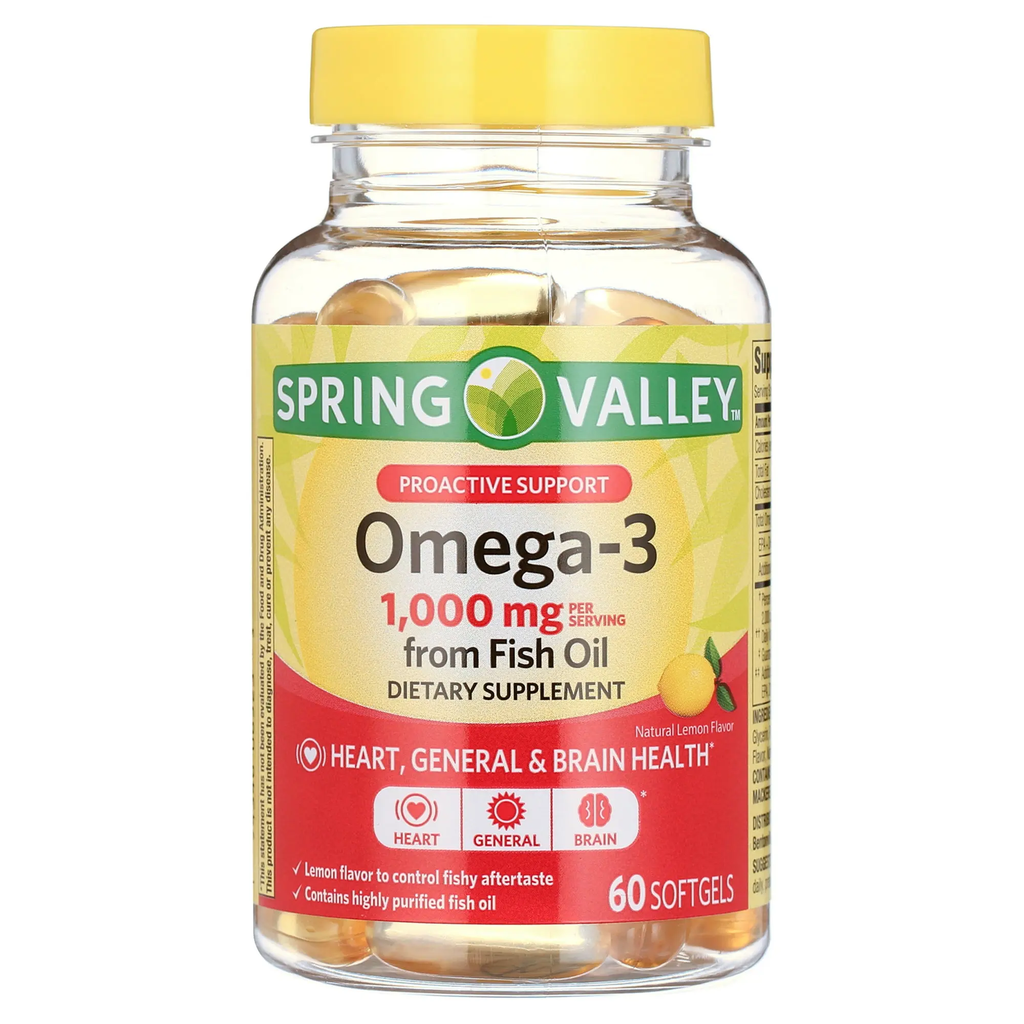 Spring Valley Omega-3 Fish Oil Softgel 60 Count Dietary Supplement for Heart, Immune and Bone Health, Lemon Flavor
