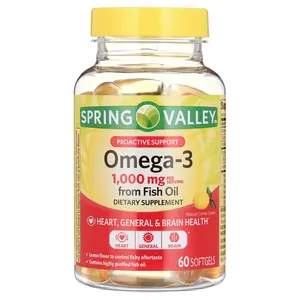 Spring Valley Omega-3 Fish Oil Softgel 60 Count Dietary Supplement for Heart, Immune and Bone Health, Lemon Flavor