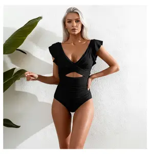 Women's One Piece Swimsuit Black Ribbed V Neck Ruffle Sleeve Swimwear Cutout Tummy Control Bathing Suit for Women Teen Girls