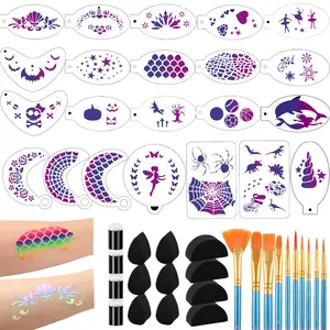 46 pcs Face Paint Stencils Kit,22 Pcs Reusable Facial Painting Stencils Reusable Body Paint Templates with 10 pcs Brushes,14 pcs Sponges for Party Halloween Makeup Depvision Face Paint Accessory Kit