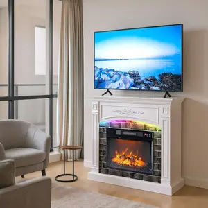 summervibes Karlhome 43-Inch white single-sided fireplace shelf painted fireplace cabinet, 110.2*34.5*92.7 cm, 18-inch fireplace core, with RGB