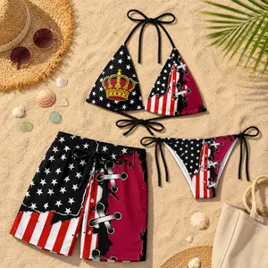 Matching Patriotic Couple Swimsuit Set, USA Flag Bikini & Men’s Swim Trunks, Crown American Flag Swimwear, 4th of July Beach Outfit