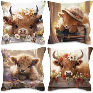 Highland Cow Pillow Covers 18x18 - Cute Western Gifts for Girls & Women, Highland Cow Decor for Bed, Farm Throw Pillow Cases, Set of 4