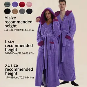 Thick Coral Fleece Bathrobe for Fall Winter, Long Hooded Colorblock Robe, Warm Home Wear, Unisex, Multiple Sizes