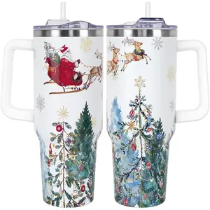 Christmas Gifts 40 oz Tumbler with Handle and Straw Lid,Cute Gifts for Women Santa Claus Sleigh Xmas Tree Vacuum Insulated Leak Proof Tumbler,Winter Holiday Accessories Stainless Steel Coffee Cup Mug
