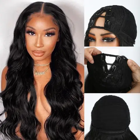 NEW 24inch V Part Wig Body Wave Glueless Clip In Extensions Thin Part Long Wavy Black Half Wig for Women Synthetic Hair Beginner Friendly #tiktokshopcreatorpicks