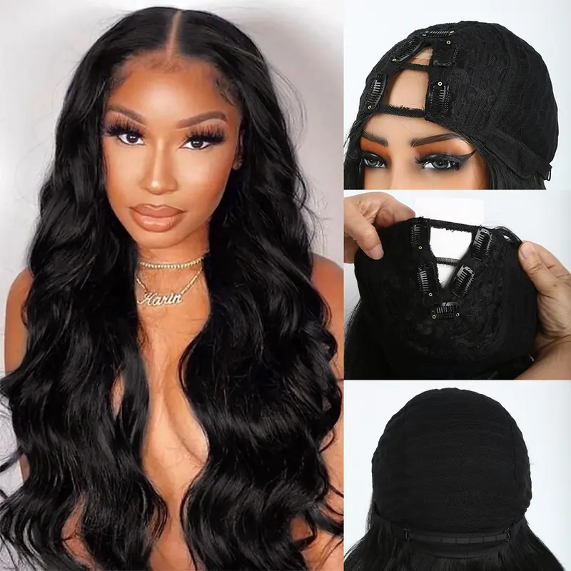 NEW 24inch V Part Wig Body Wave Glueless Clip In Extensions Thin Part Long Wavy Black Half Wig for Women Synthetic Hair Beginner Friendly #tiktokshopcreatorpicks