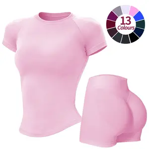 RICH BRIA Two-Piece Sets, Short Sleeve Tee & Butt Enhance Shorts Sport Set, Workout Tank Top, Booty Lifting Biker Shorts, Seamless Hidden Scrunch Sports Shorts, Breathable Comfortable Yoga Clothes, Active Casual Outfit
