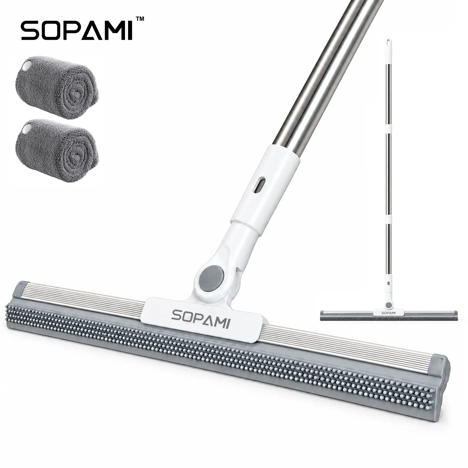 SOPAMI Floor Squeegee Mop with 180° Swivel Head, Silicone Scraper & Washable Microfiber Mop Pad, Long Handle for Wet & Dry Floor Cleaning