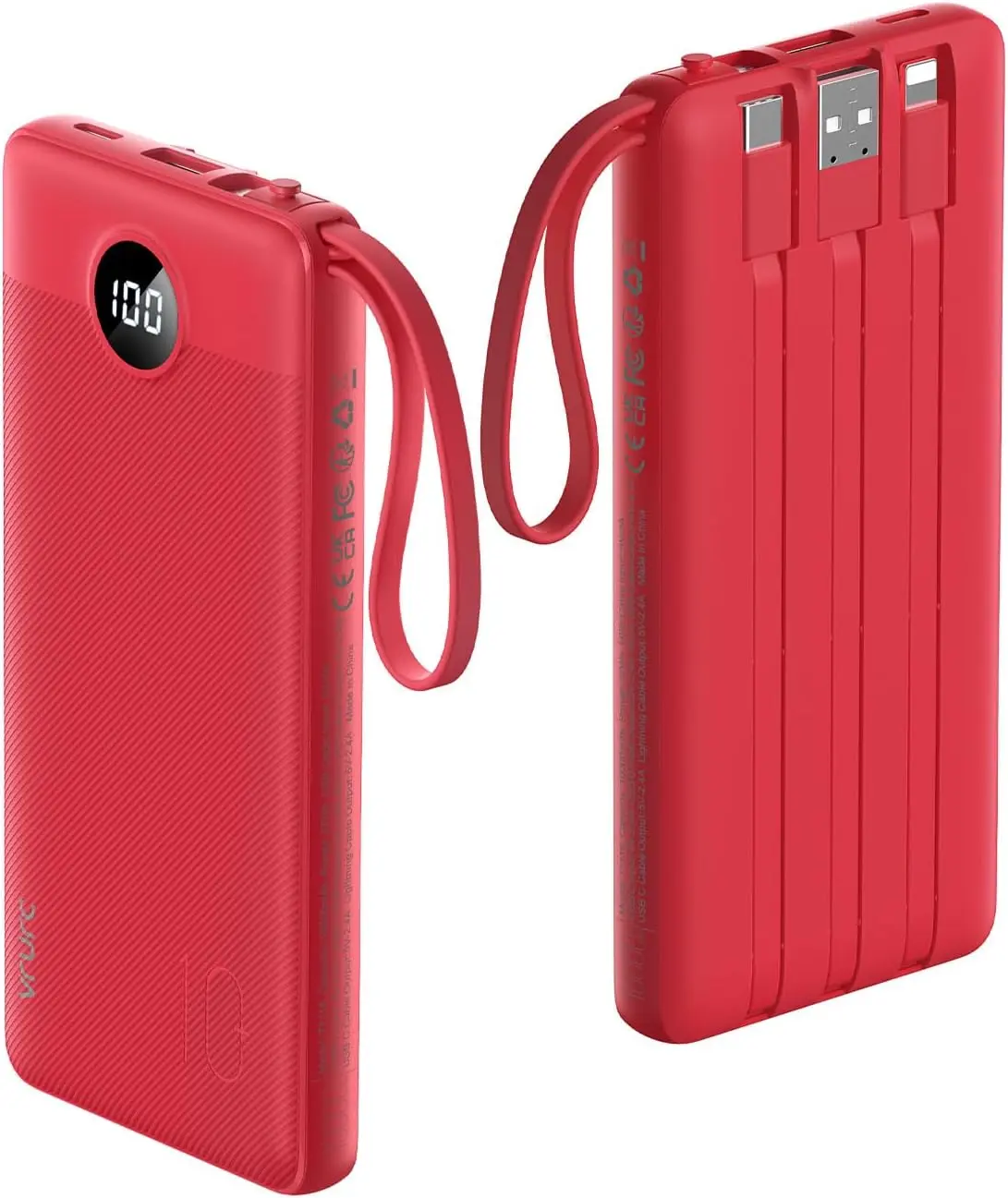 VRURC 10000mAh Portable Charger Power Bank with 4 Built-in Cables LED Display for iPhone Samsung iPad Red