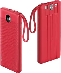 VRURC 10000mAh Portable Charger Power Bank with 4 Built-in Cables LED Display for iPhone Samsung iPad Red