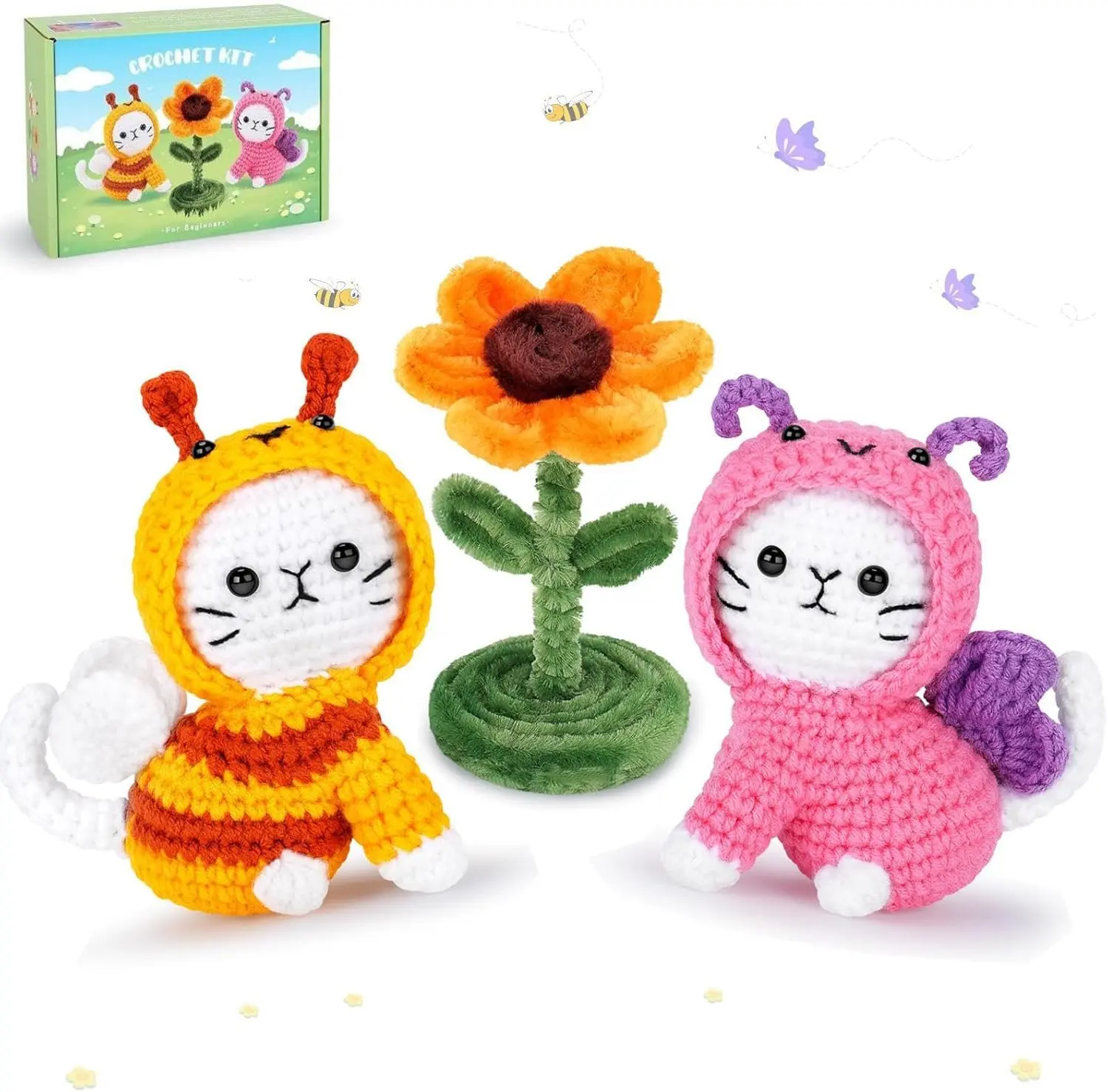 Crochet Kit for Beginners, 2 count Bee and Butterfly Cats Crochet  Kit, Beginner Crochet Kit for  Adult, Learn  Crochet with Step-by-Step Video Turials, Crocheting Kit for Starter