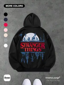 Stranger Things Upside Down Print Loose Hoodie with Pockets, Casual Breathable Home Wear, Fall & Winter Fitted Graphic Sweatshirt