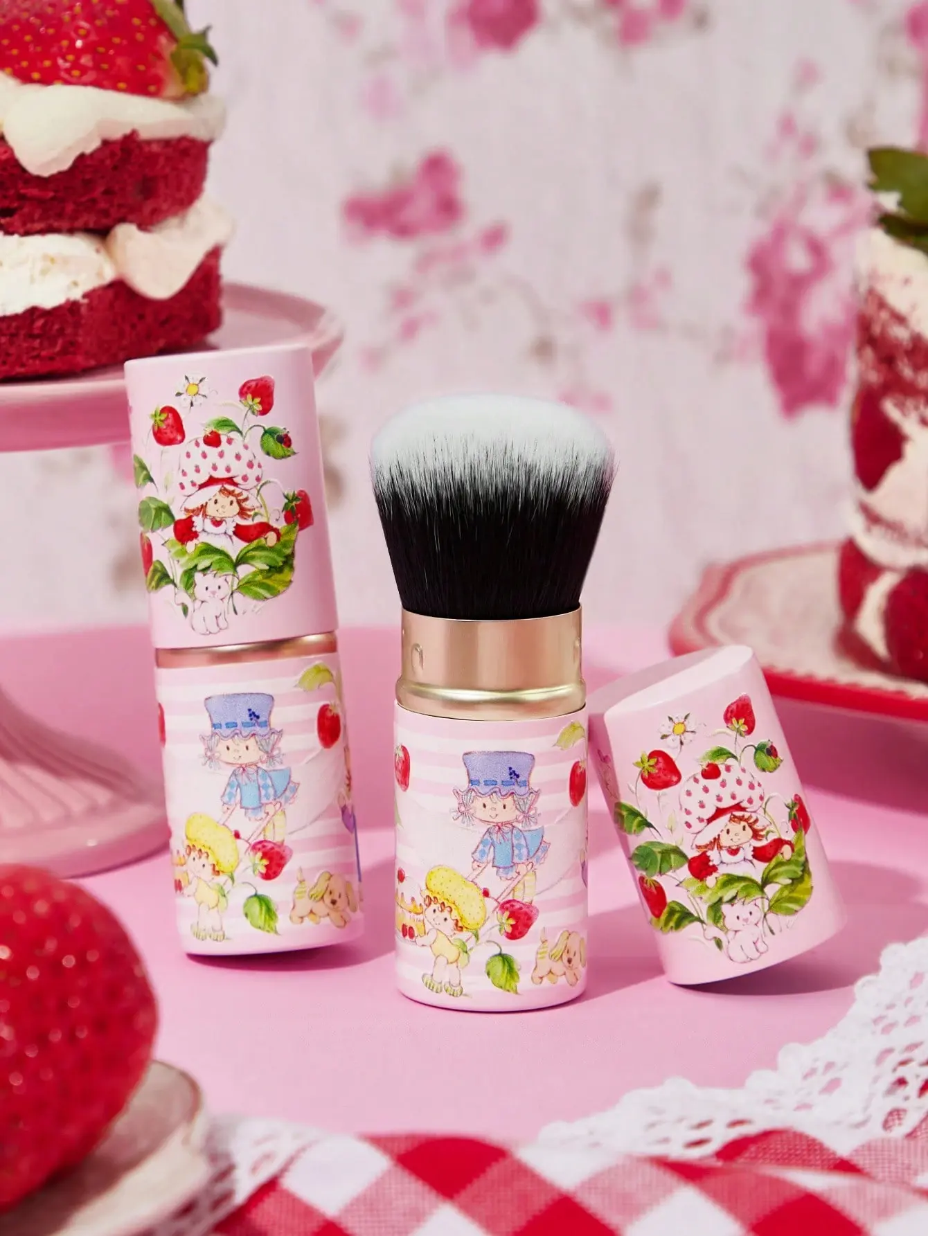 Strawberry Shortcake 1pc Cute Strawberry Cartoon Retractable Powder Brush, Portable Design For Coordinating With Powder Cosmetics Such As Powder Compact And Blush