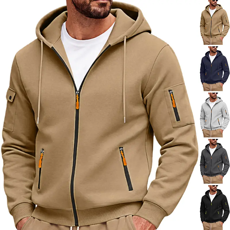 Men’s American workwear hooded jacket with full zipper closure, orange contrast color, side zippers, sleeve pockets, drawstring hood, solid color casual zip-up sweatshirt