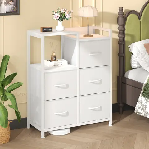 Sweetcrispy White Wood 5-Drawer Fabric Bedroom Dresser with 2-Tier Shelf, Drawers Chest, Floor-Safe Pads, Storage Organizer, Indoor Cupboard Cabinet for Bedroom, Hallway