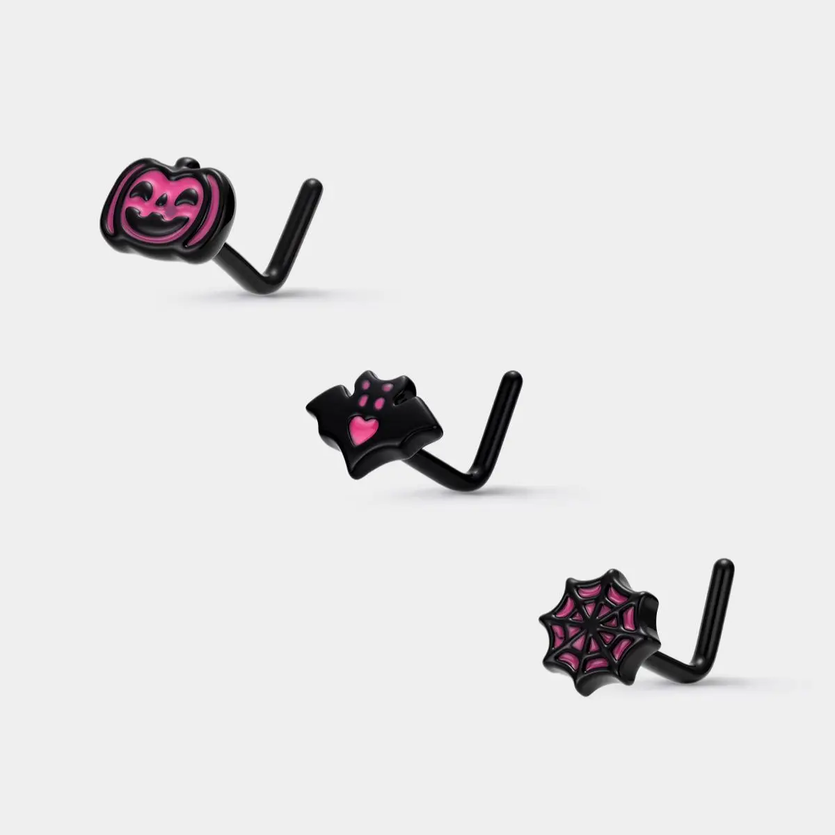 Oufer 3PCS Halloween Pink Pumpkin/Bat/Spiderweb Cute L Shape Nose Studs